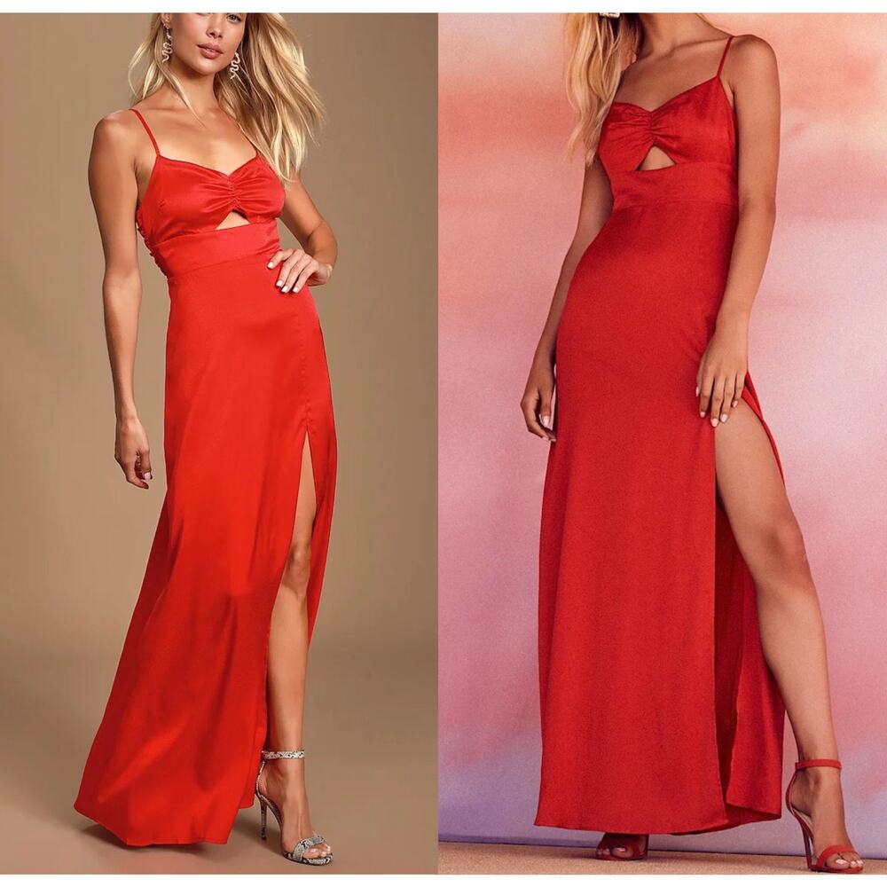 Lulus Renata Red Embossed Print Satin Keyhole Slit Adjust Maxi Dress Size M